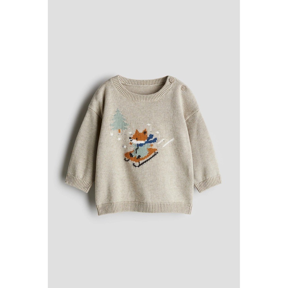 H&M Fox Sled Cotton Knit Sweater Beige Baby Boy Size 12M Winter Holiday
